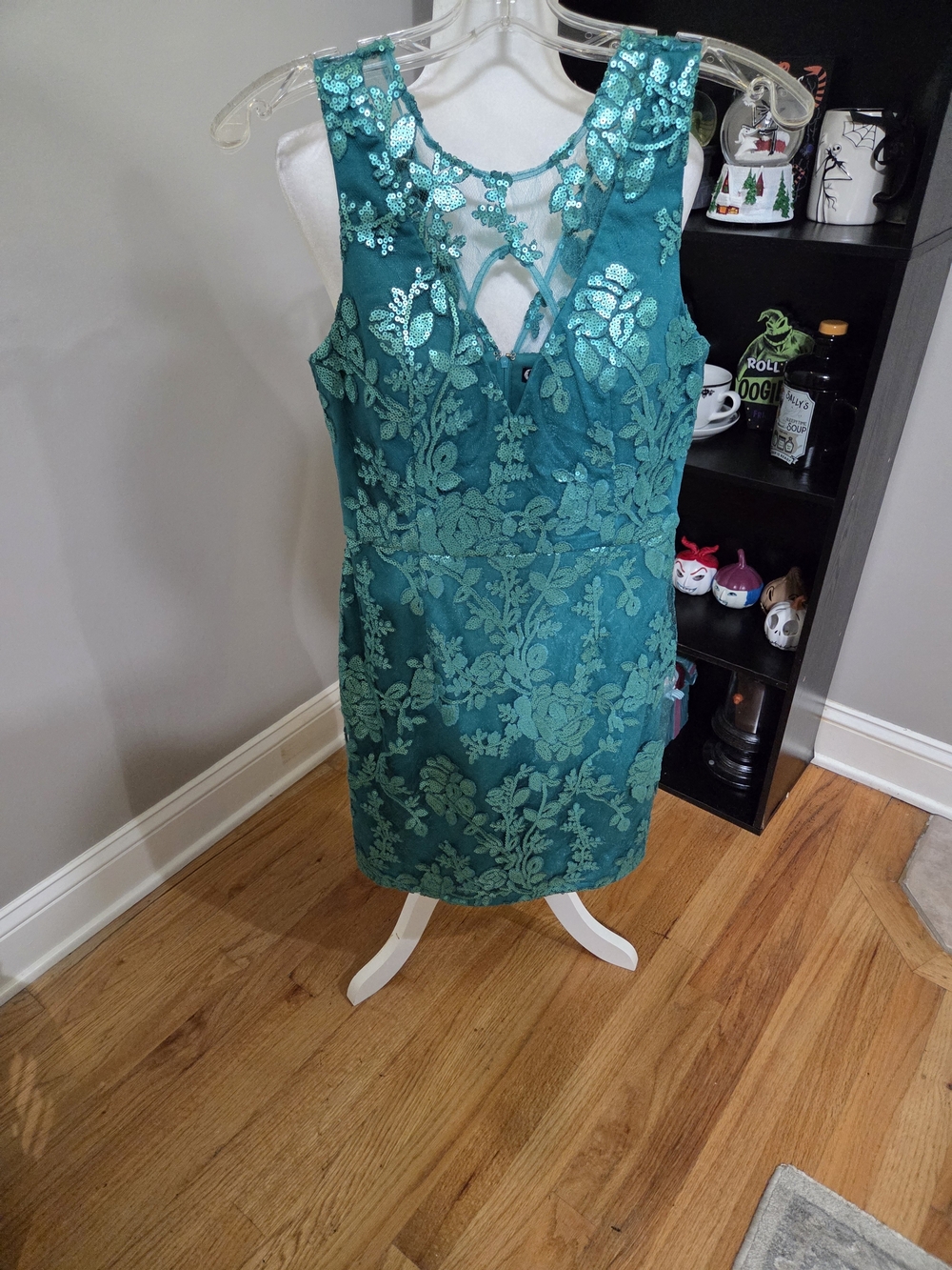 Teal Floral Lace Mini Dress with Sheer Back Detail